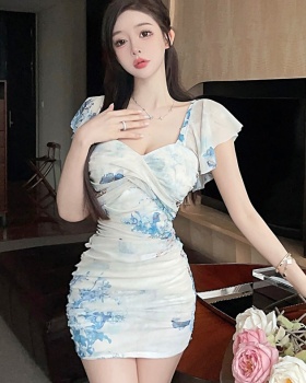 Nightclub sexy package hip slim fold printing dress