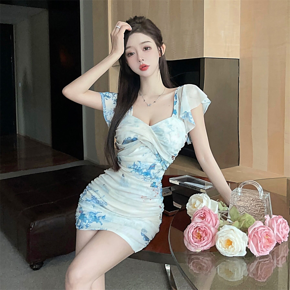 Nightclub sexy package hip slim fold printing dress