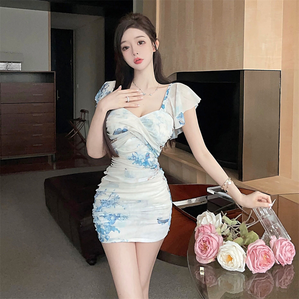 Nightclub sexy package hip slim fold printing dress