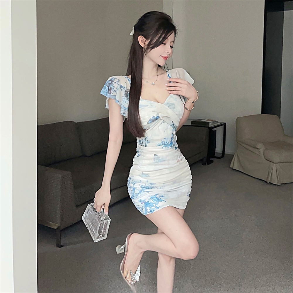 Nightclub sexy package hip slim fold printing dress