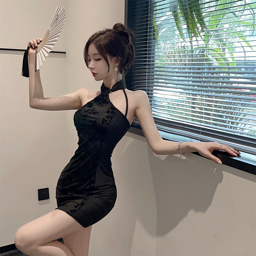 Slim package hip summer splice flocking sexy dress