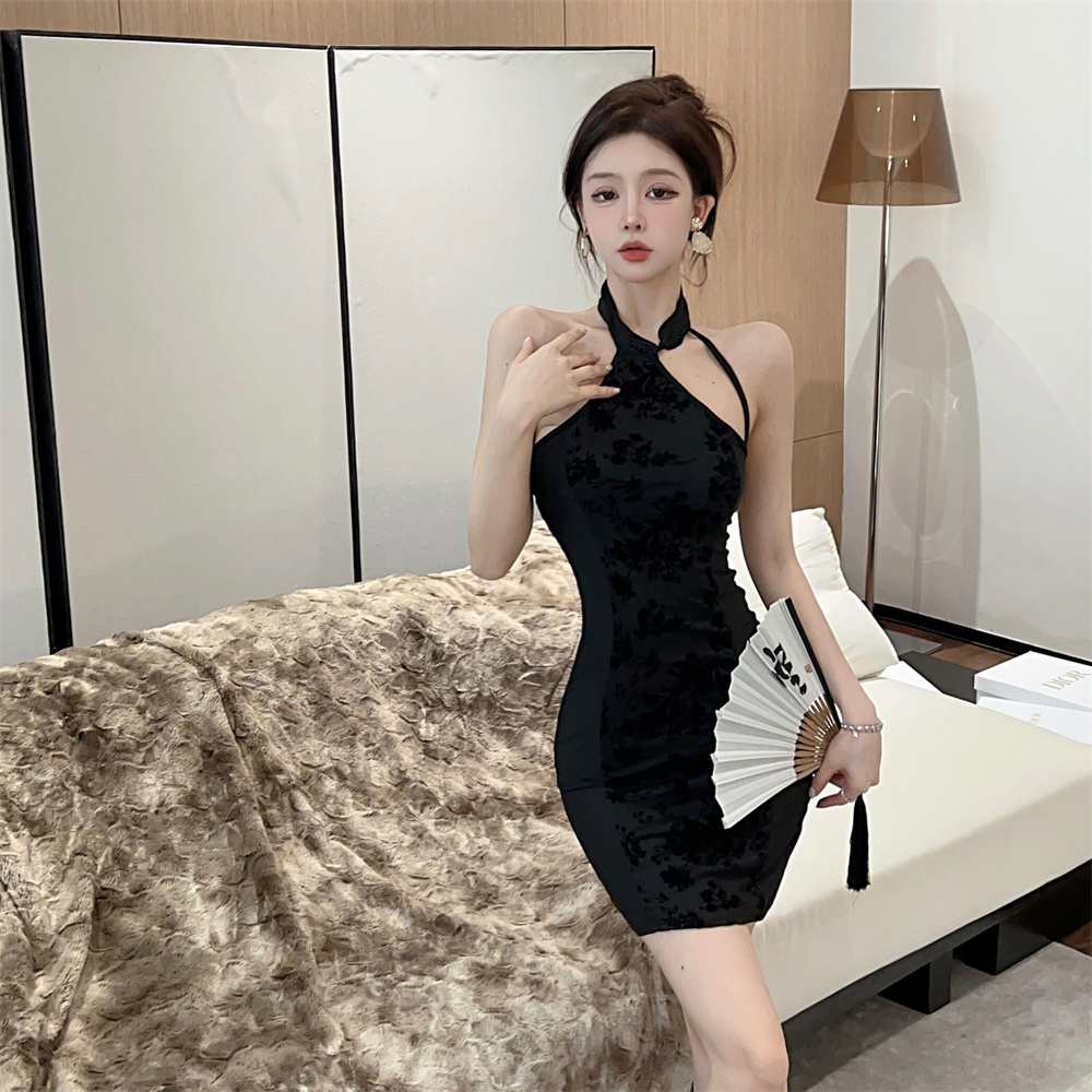 Slim package hip summer splice flocking sexy dress