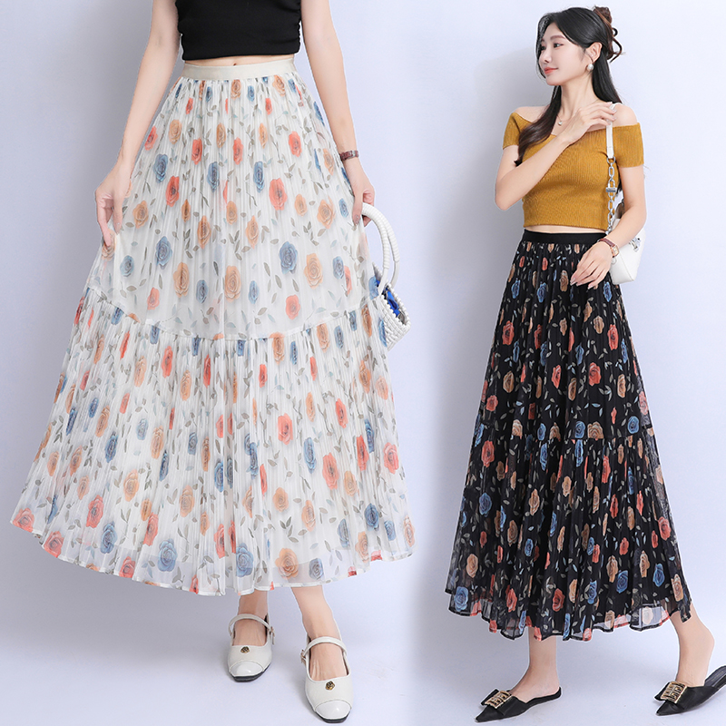 Floral high waist long skirt summer gauze skirt for women