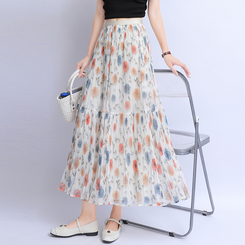 Floral high waist long skirt summer gauze skirt for women