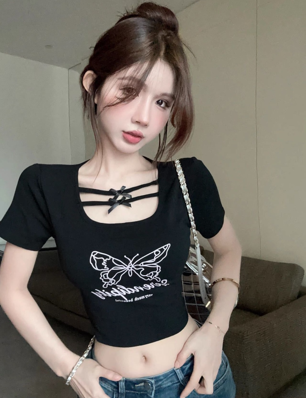 Printing summer sexy T-shirt slim small square collar tops