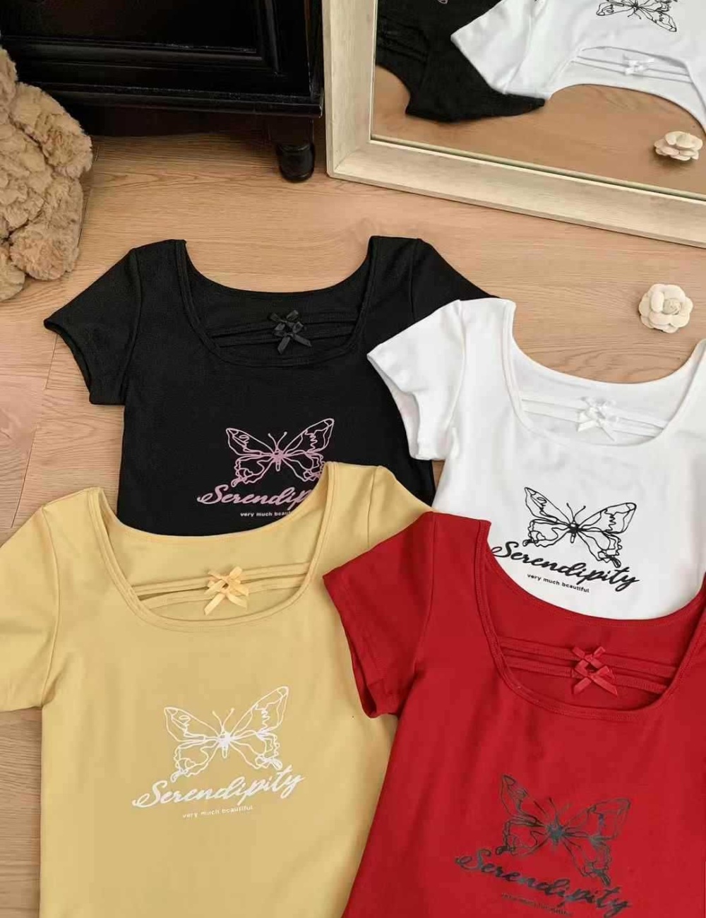 Printing summer sexy T-shirt slim small square collar tops