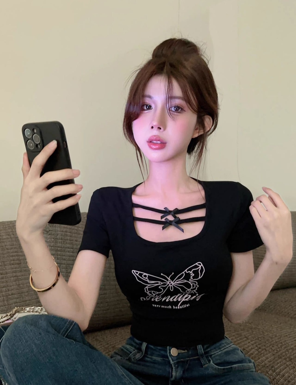 Printing summer sexy T-shirt slim small square collar tops
