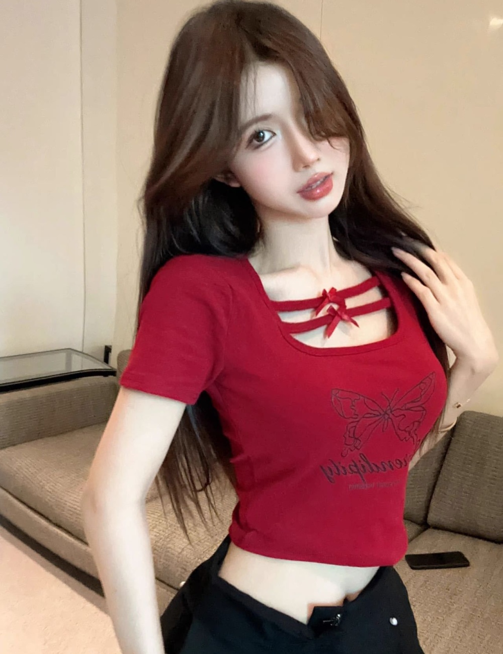 Printing summer sexy T-shirt slim small square collar tops