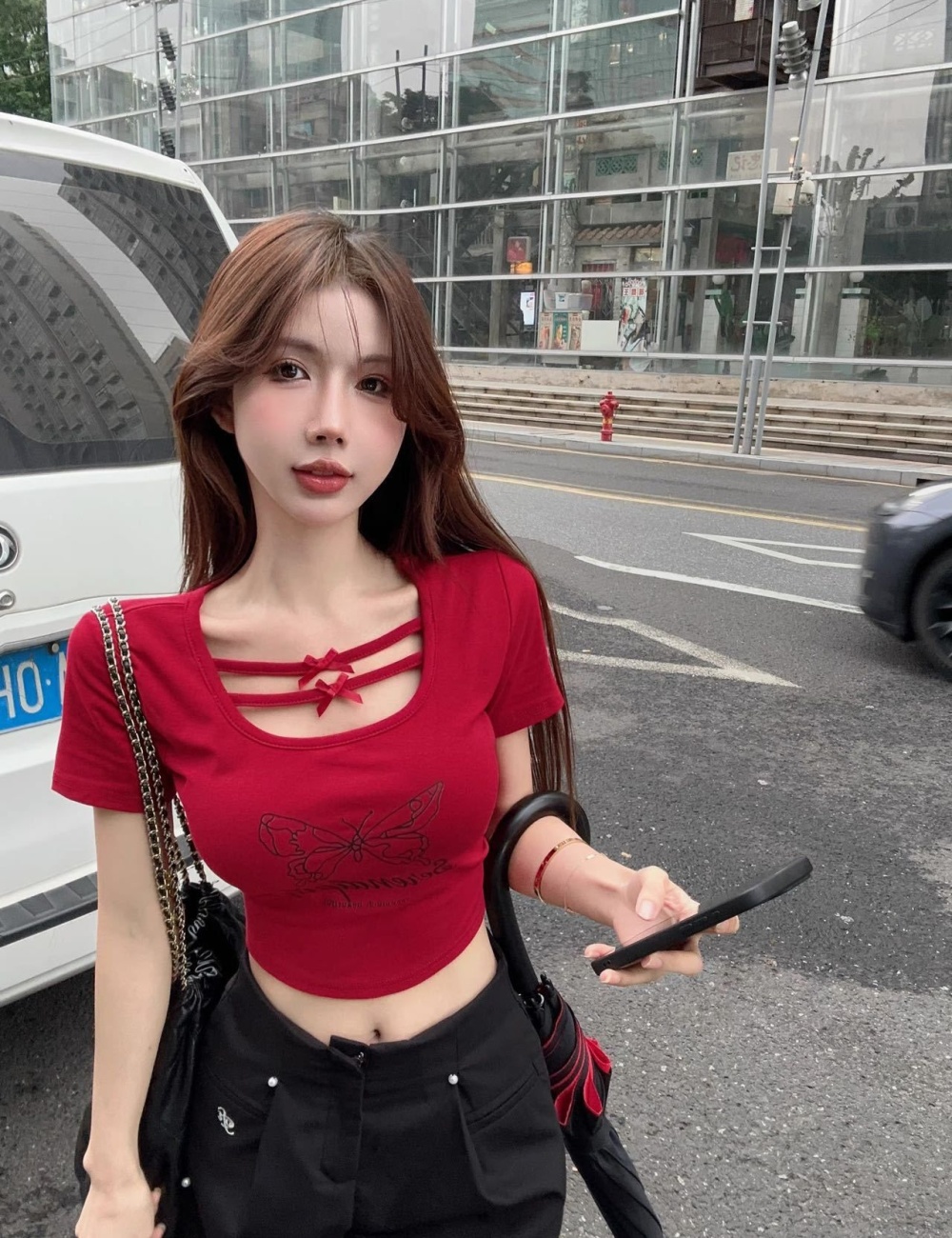 Printing summer sexy T-shirt slim small square collar tops