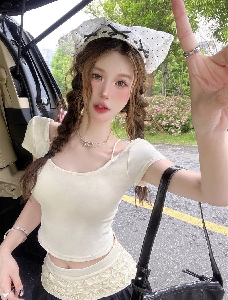 Short short sleeve summer tops bow halter T-shirt for women