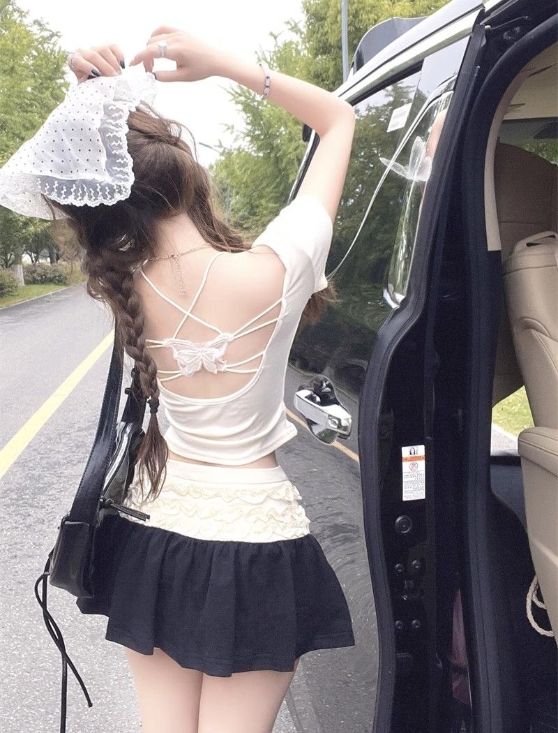 Short short sleeve summer tops bow halter T-shirt for women