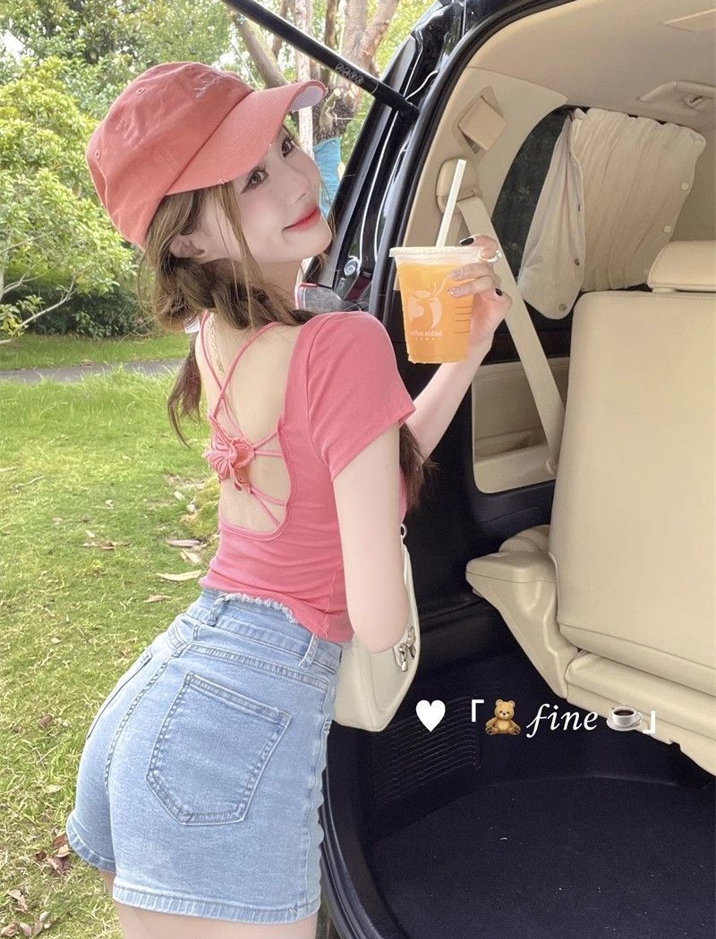 Short short sleeve summer tops bow halter T-shirt for women