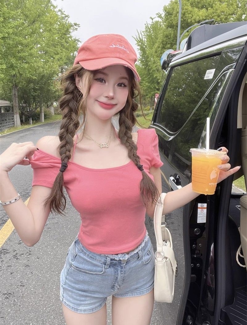 Short short sleeve summer tops bow halter T-shirt for women