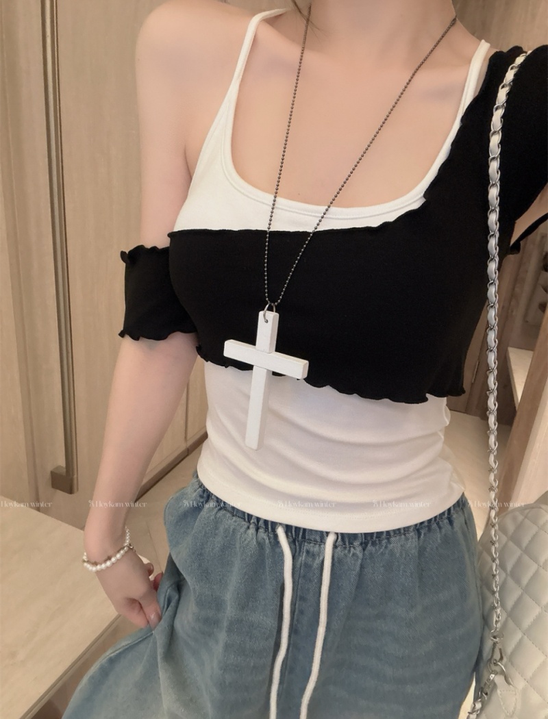 Cross irregular vest short mixed colors tops 2pcs set