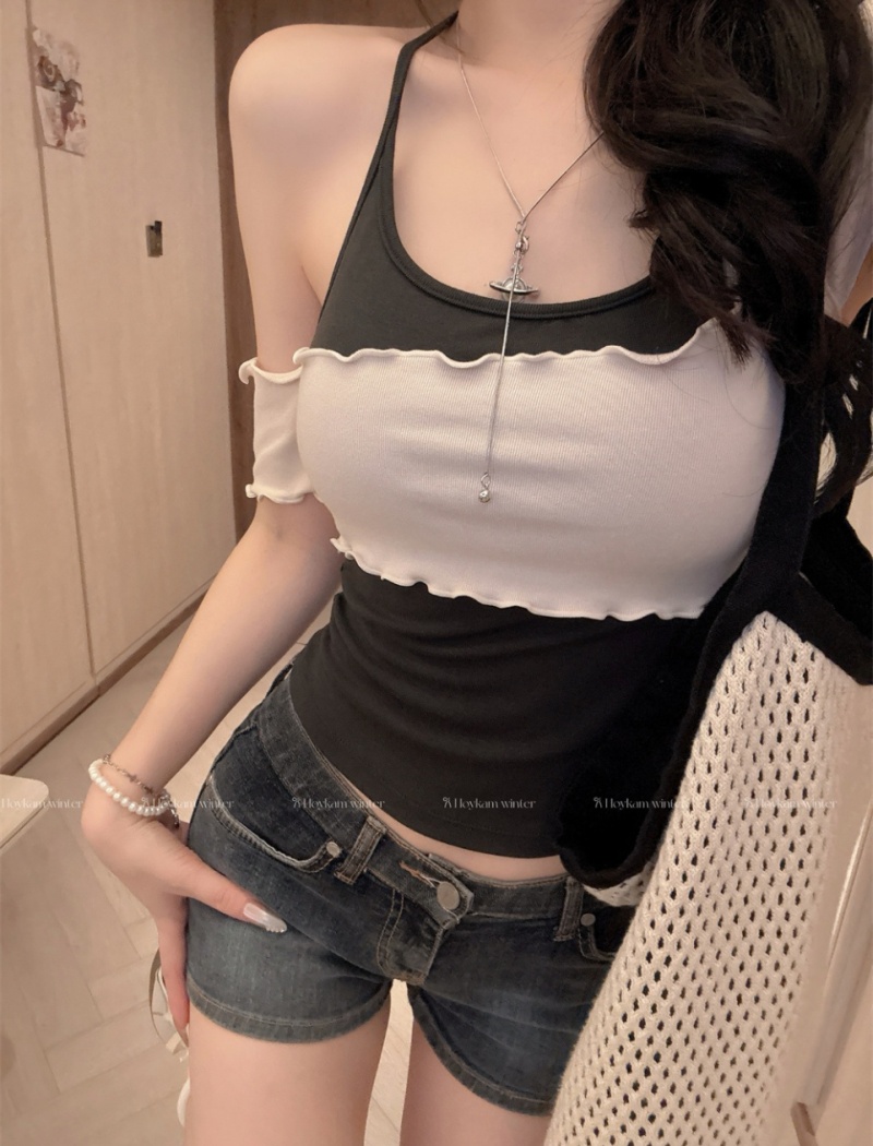 Cross irregular vest short mixed colors tops 2pcs set