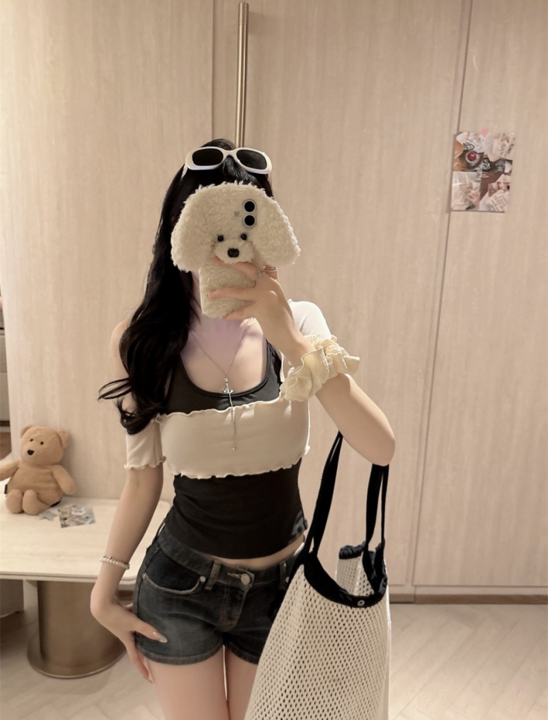 Cross irregular vest short mixed colors tops 2pcs set