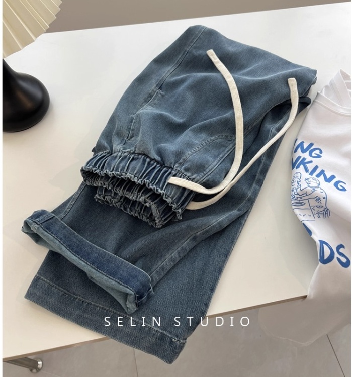 Drape slim fine band loose Japanese style jeans for women