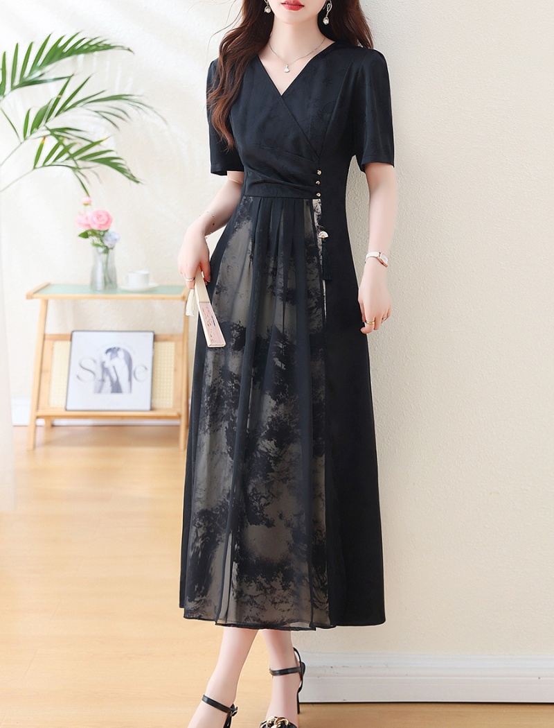 Summer Chinese style large yard V-neck dress