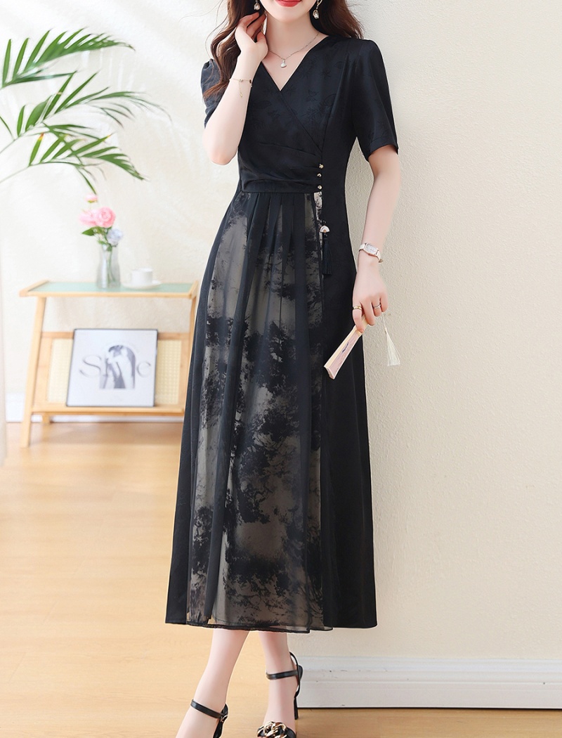 Summer Chinese style large yard V-neck dress