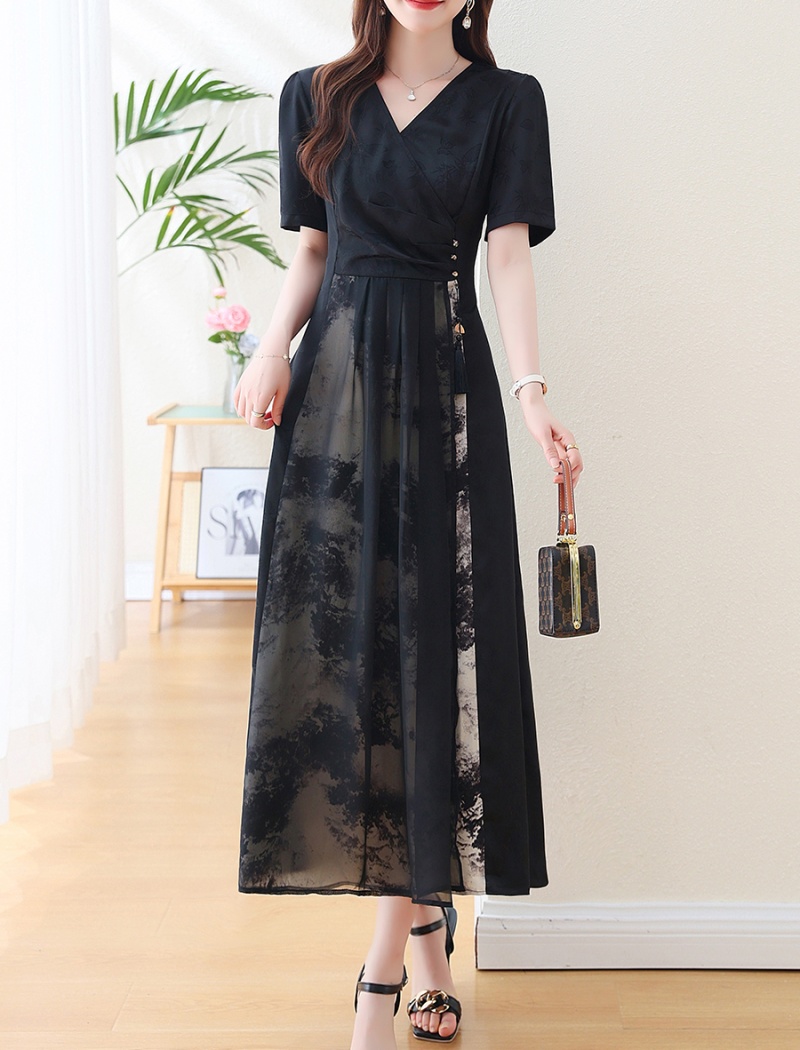 Summer Chinese style large yard V-neck dress
