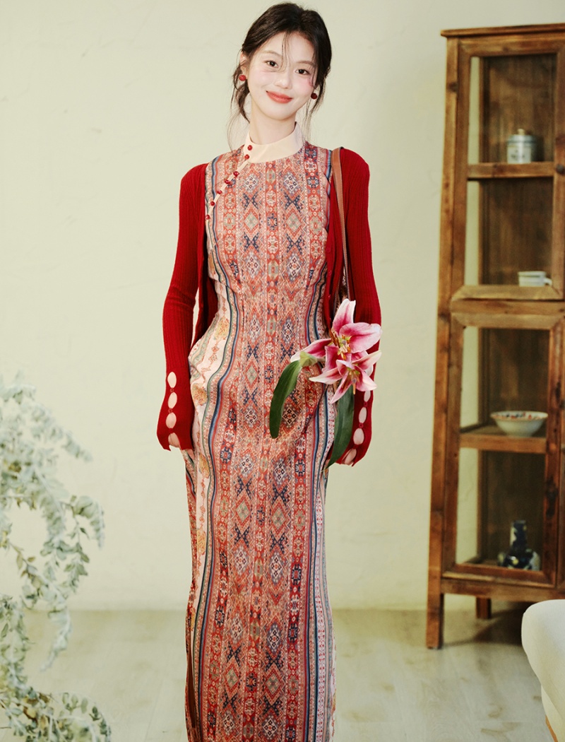 Maiden cardigan Chinese style dress 2pcs set