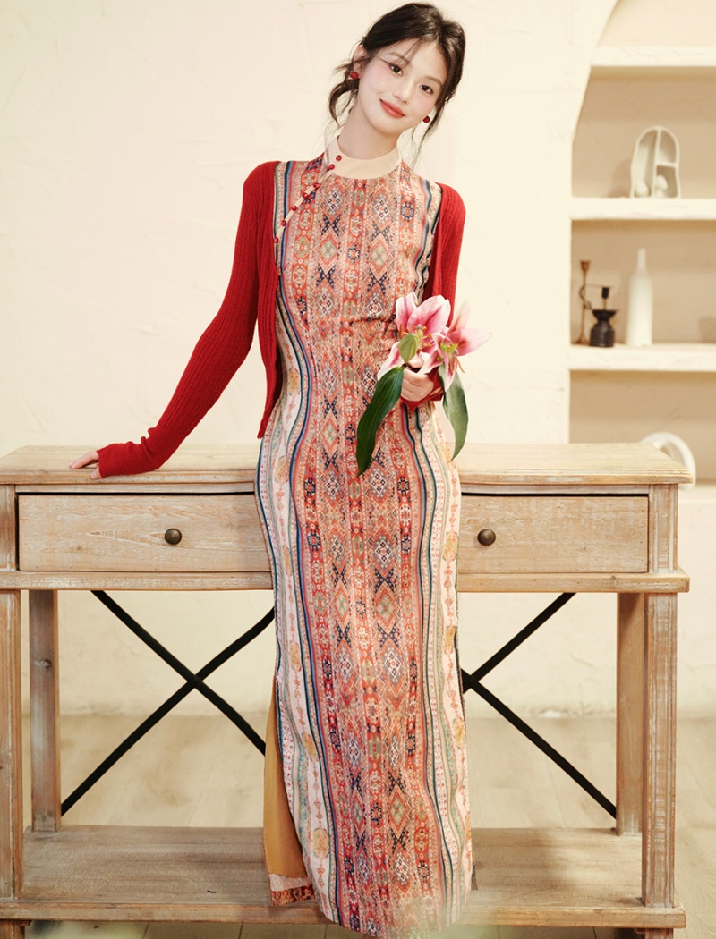 Maiden cardigan Chinese style dress 2pcs set