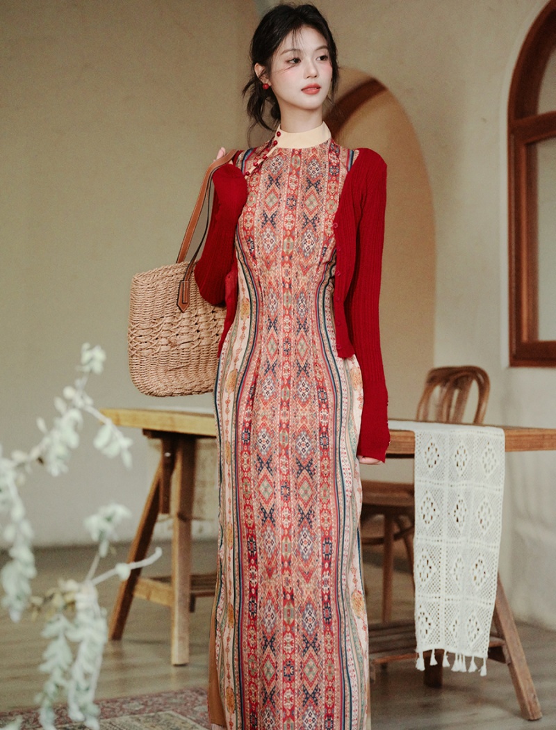 Maiden cardigan Chinese style dress 2pcs set