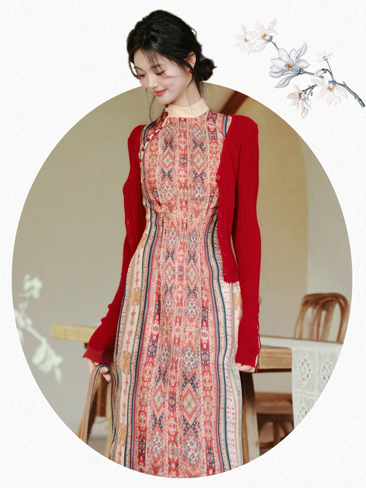 Maiden cardigan Chinese style dress 2pcs set