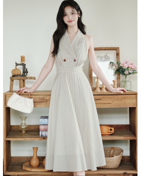 Sleeveless stripe lapel France style dress
