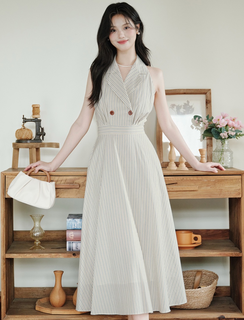 Sleeveless stripe lapel France style dress