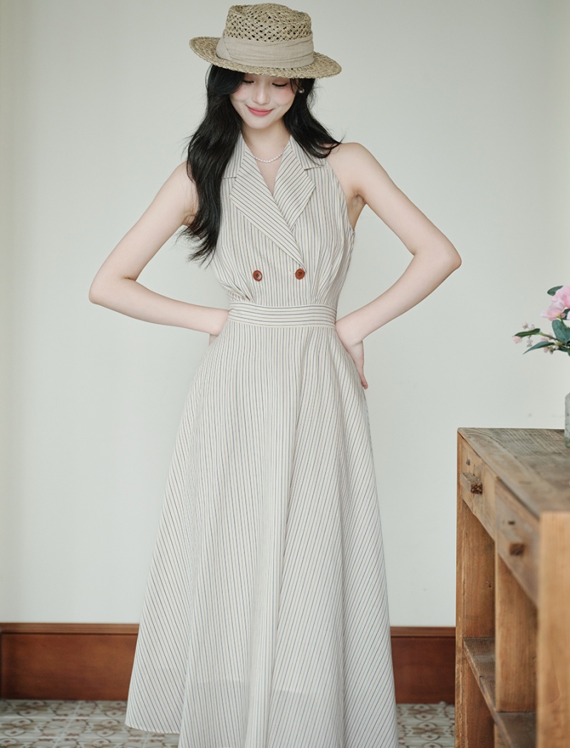 Sleeveless stripe lapel France style dress