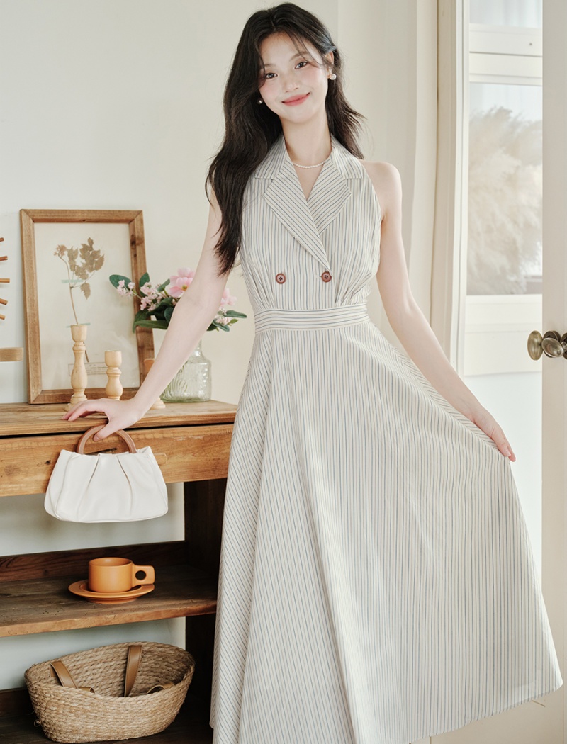 Sleeveless stripe lapel France style dress