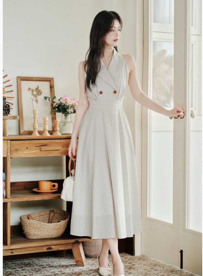 Sleeveless stripe lapel France style dress