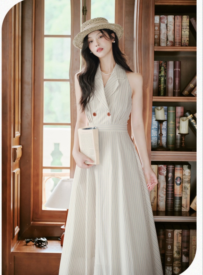Sleeveless stripe lapel France style dress