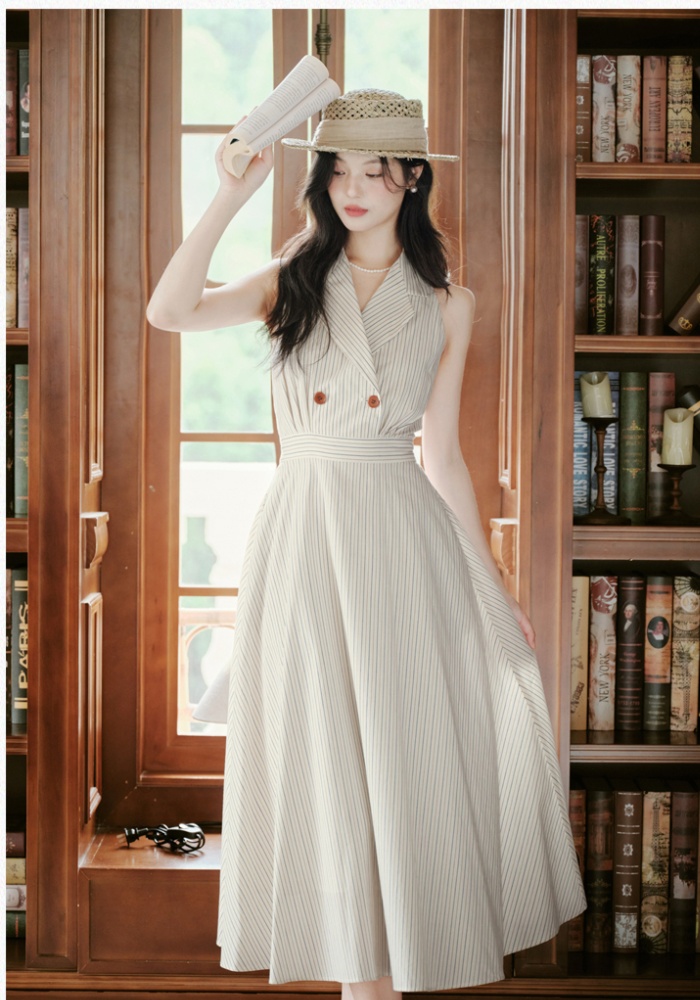 Sleeveless stripe lapel France style dress