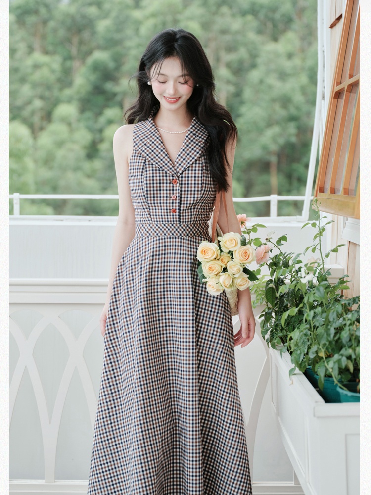 France style plaid sleeveless lapel dress