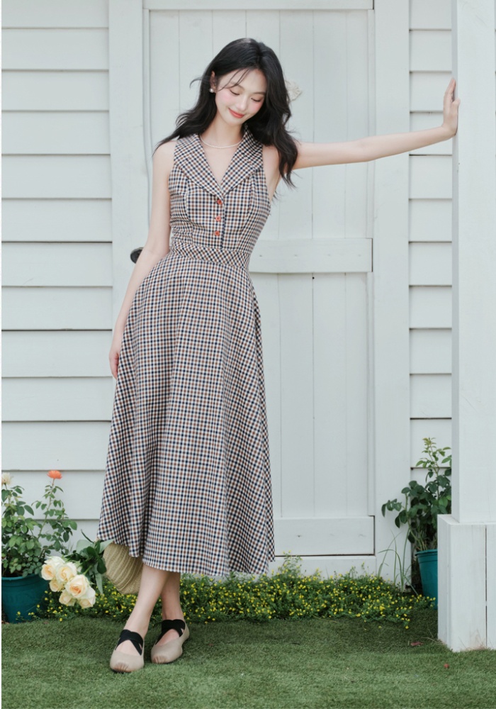 France style plaid sleeveless lapel dress
