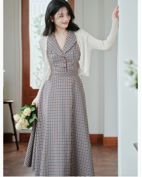Lapel plaid dress France style cardigan a set