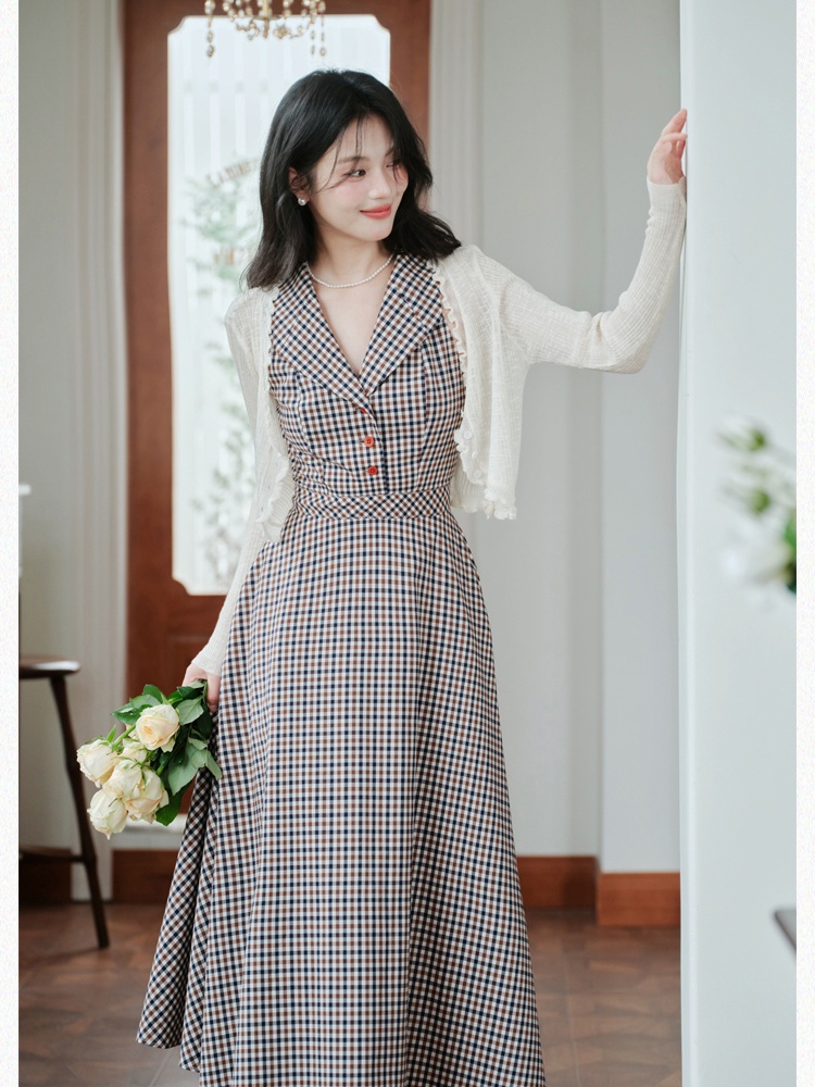 Lapel plaid dress France style cardigan a set