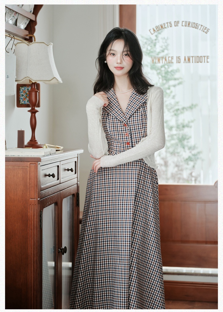 Lapel plaid dress France style cardigan a set