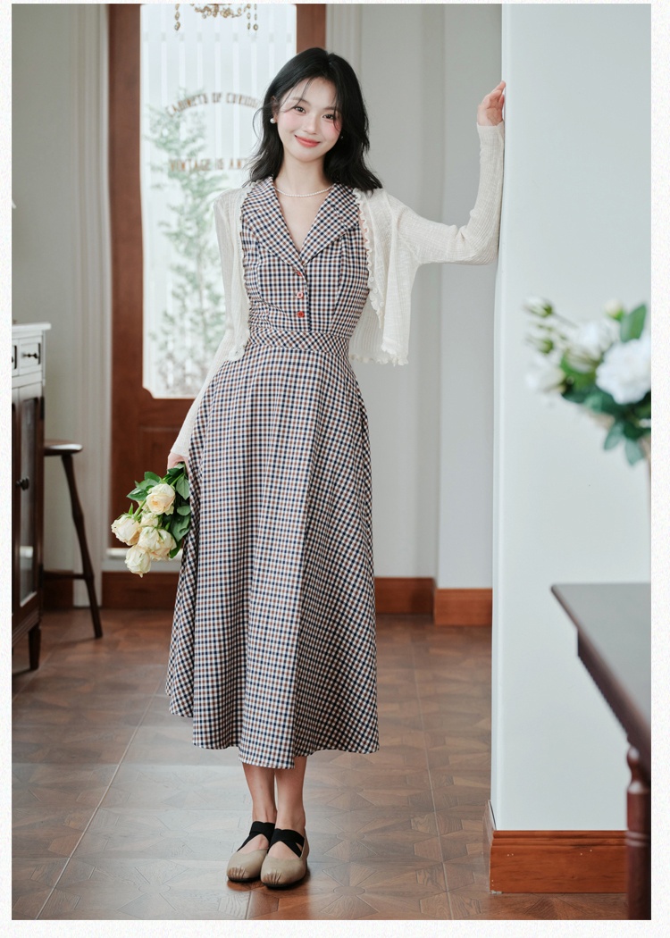 Lapel plaid dress France style cardigan a set