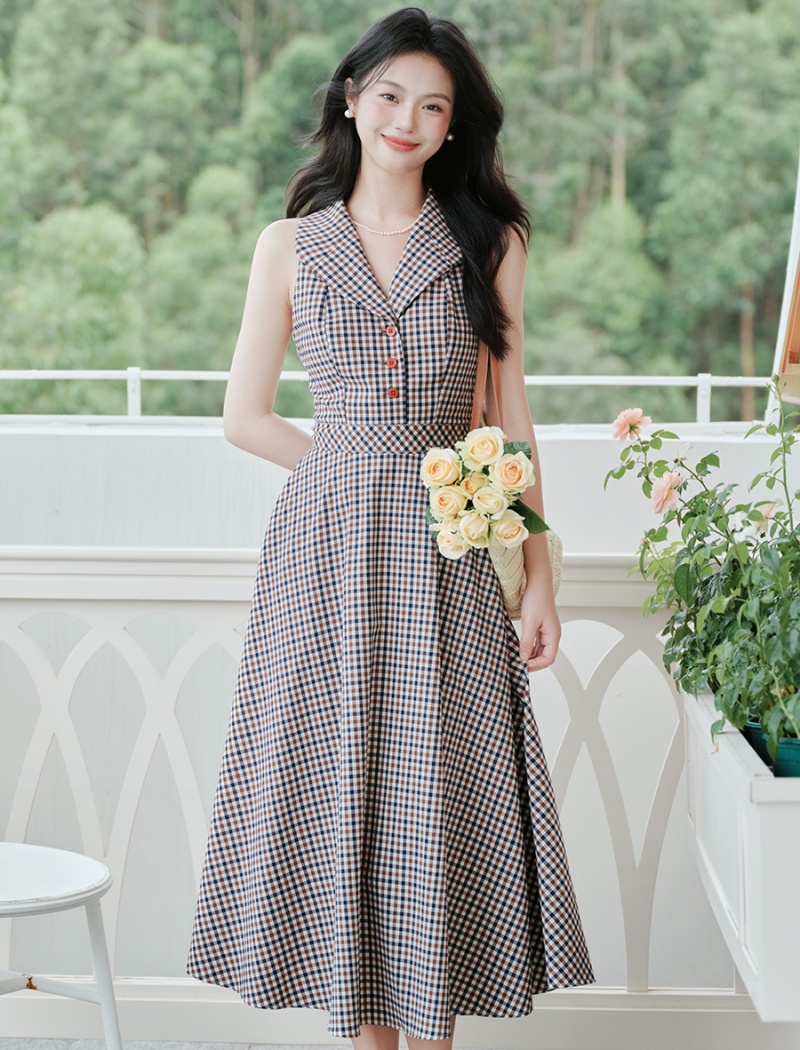Lapel plaid dress France style cardigan a set