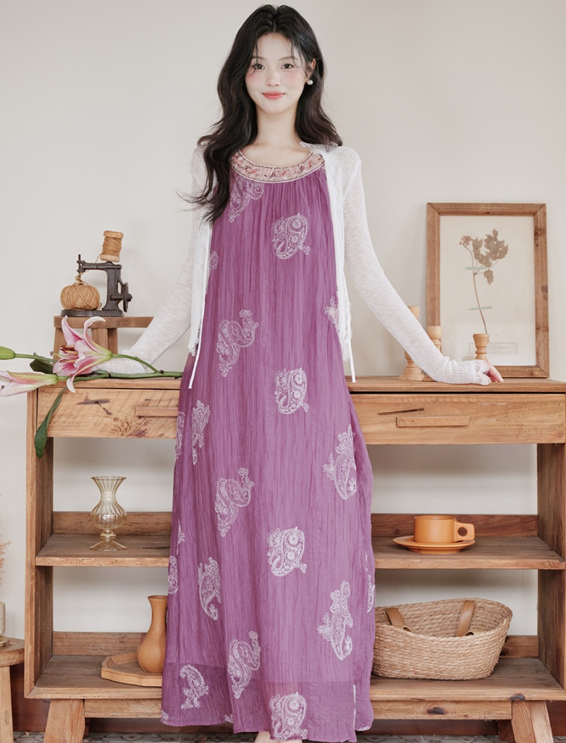 Embroidery coat vacation long dress a set