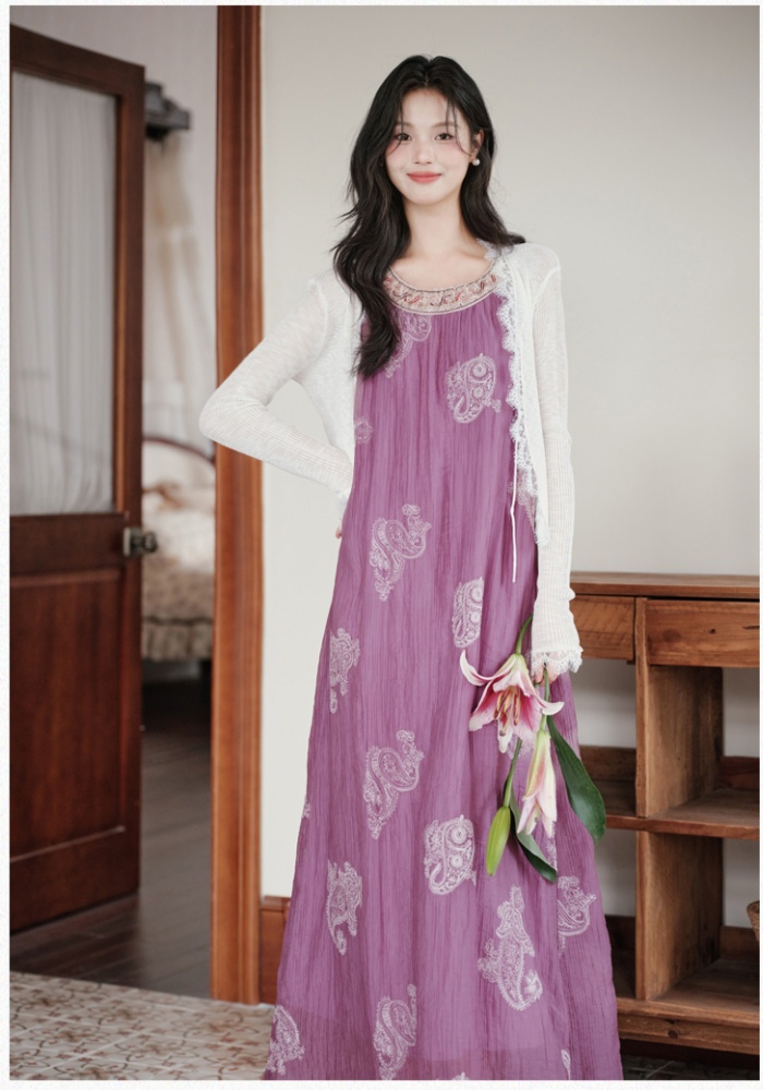 Embroidery coat vacation long dress a set