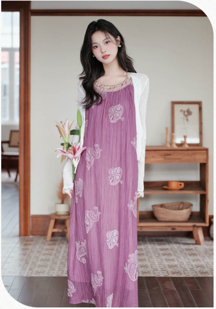 Embroidery coat vacation long dress a set