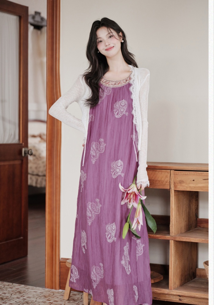 Embroidery coat vacation long dress a set