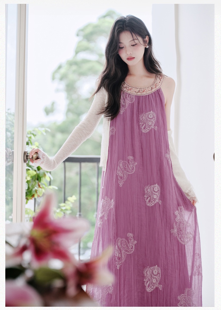 Embroidery coat vacation long dress a set