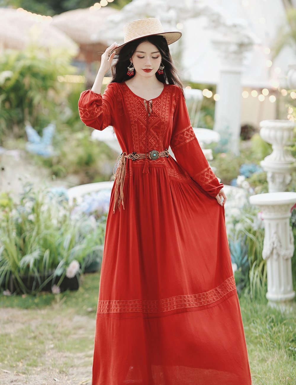 Bohemian style red long dress with belt vacation dress