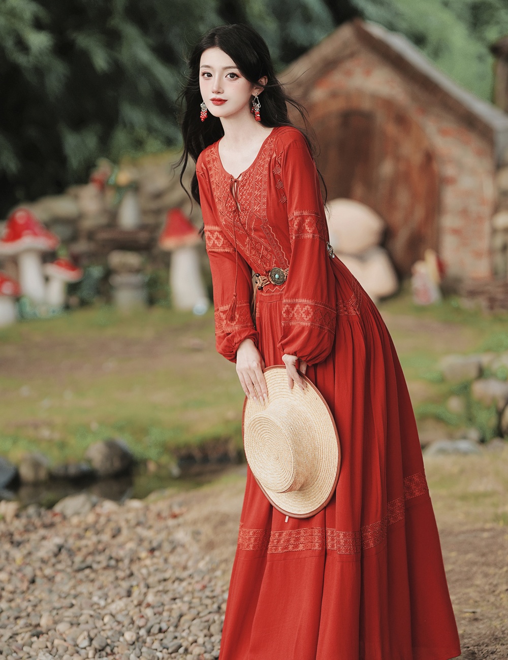 Bohemian style red long dress with belt vacation dress