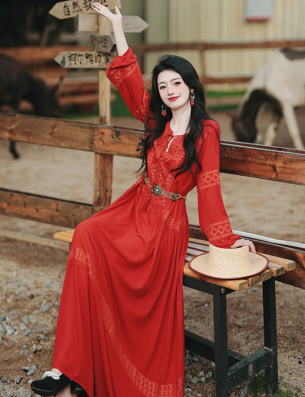 Bohemian style red long dress with belt vacation dress